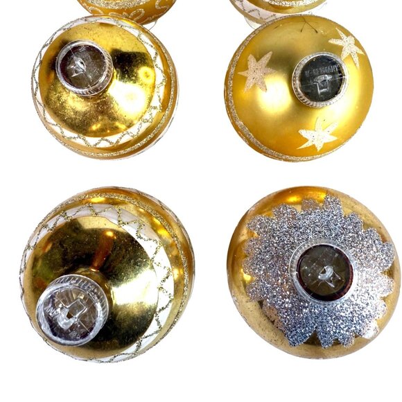 6 VTG Glass Christmas Ornament Gold stencil Mica Made W Germany Hand-Painted Box - Picture 6 of 15